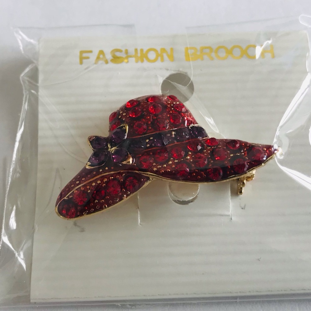 Vintage Red Hat Society Red Hat With Purple Star Flower Rhinestone Brooch NWT